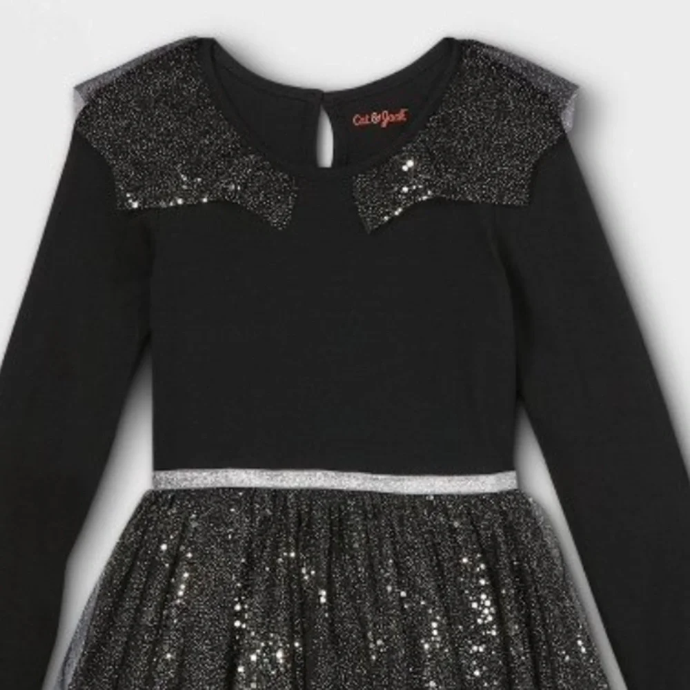 NWT girls long sleeve knit tulle dress Sz XS extra small 4/5 black shimmery